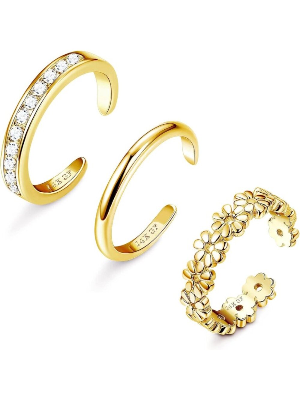 3Pcs Adjustable Gold Filled Toe Rings Set for Women - Non-Tarnish Flower & CZ